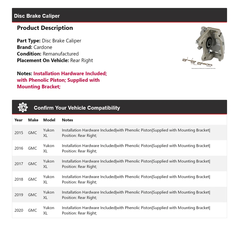 For 2015-2020 GMC Yukon XL Disc Brake Caliper Rear Right Cardone 2016 2017 2018 - Image 2 of 4