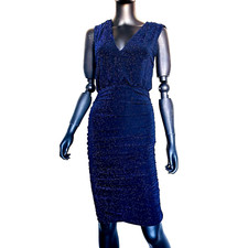 NWT Alice & Olivia Bodycon Dress Blue Ruched S Shimmering Metallic Stretch