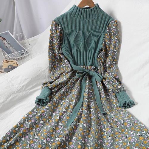 Mujeres Largo Floral Vestido Pana Tejido Empalme Pullover Con Cordones Suelto Dulce - Imagen 14 de 14