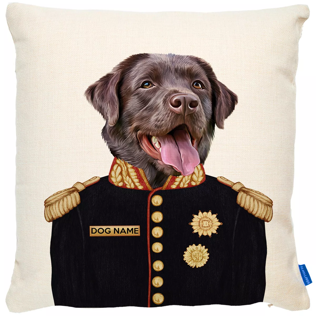Personalised Labrador Cushion Cover Dog Portrait Uniform Military