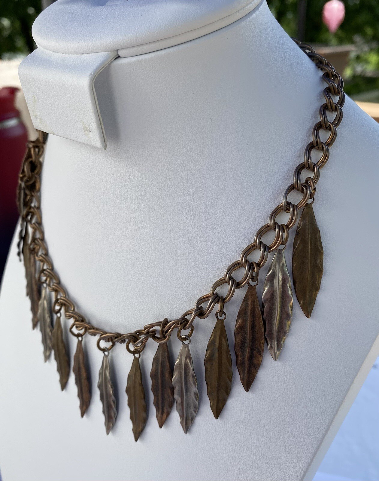 Vintage Brass Dangle Leaf Statement Necklace 16 I… - image 7