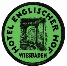 ORIG 1960's HOTEL ENGLISCHER HOF - WIESBADEN - BAGGAGE - LUGGAGE LABEL - 3-5/16"