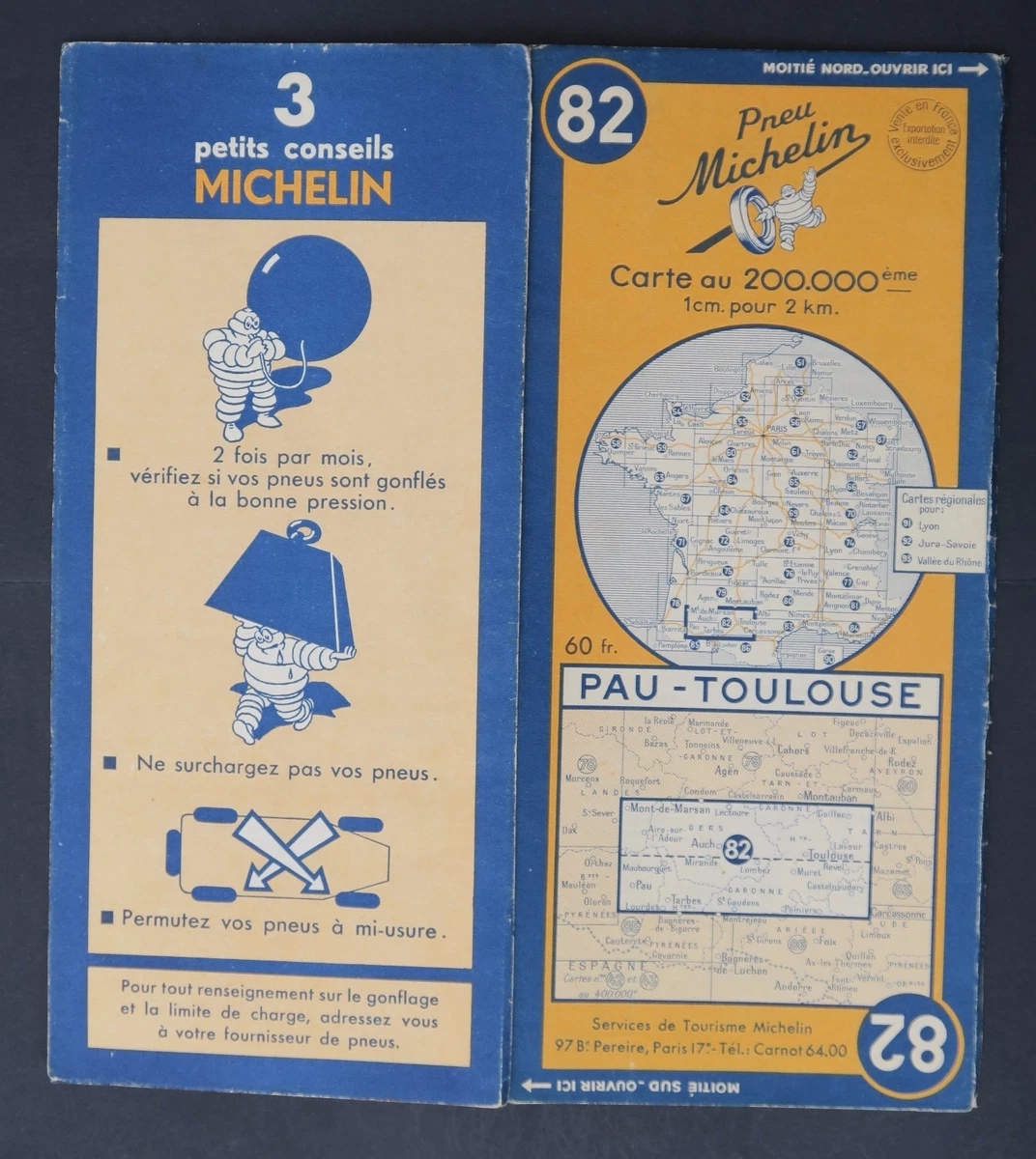 CARTE MICHELIN OLD map n°65 AUXERRE DIJON 1945 Guide Bibendum pneu tyre