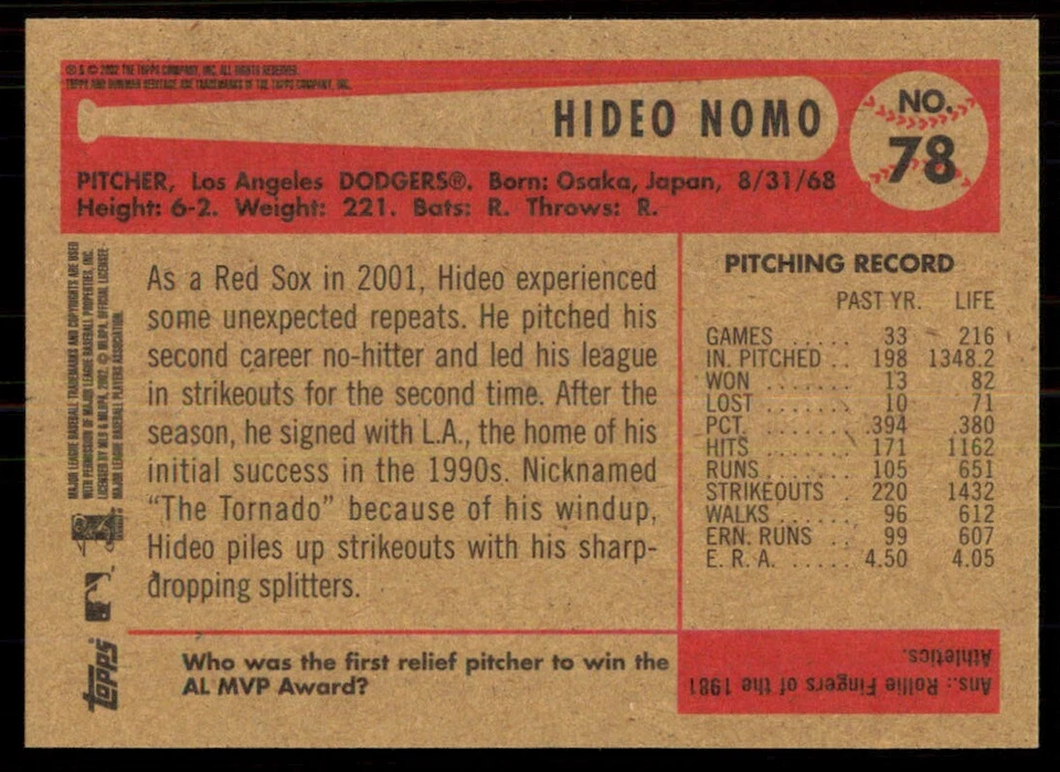 2002 Bowman Heritage Hideo Nomo #78 - Image 2 of 2