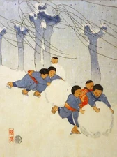 Japanese children rolling giant snowballs down hill. Vintage art blank notecards