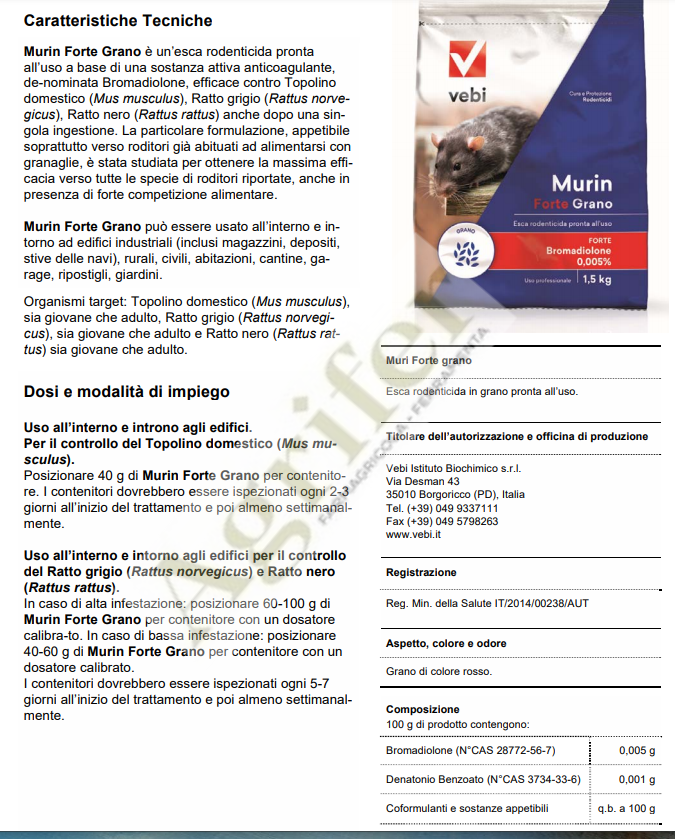 Vebi MURIN FORTE GRANO 3 Kg - Veleno Esca Topicida Ratticida Topi Ratti