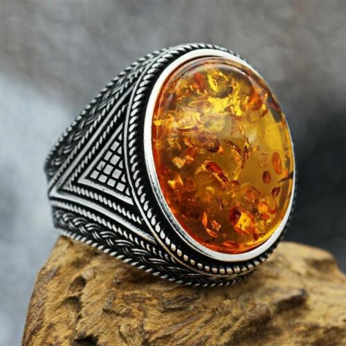 Ring Size 6-12 Elliptic Carving Amber Filled Vintage Punk Men Women - Picture 13 of 25