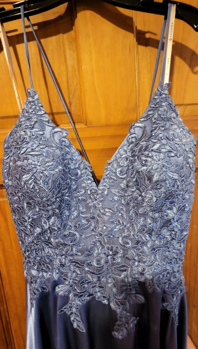 Faviana Sz.8 Long Charmeuse VNeck dress, Applique Bodice/Lace Up back,Steel  Blue | eBay