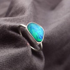 Natural Australian Opal Doublet Ring, LR Black Opal, 925 Sterling Silver 7.75 US
