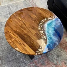 42" Round Epoxy Coffee Table Top, Walnut Dining Table, Ocean Blue Resin Table