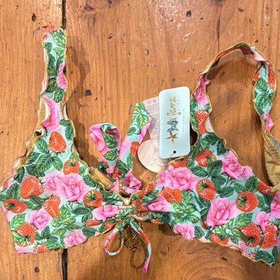 Luli Fama Strawberry Fields Scoop Neck Drawstring Swim Top Multicolor Large