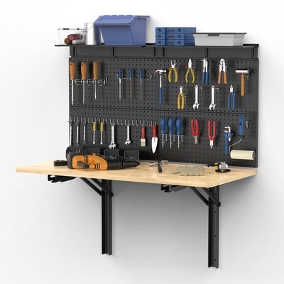 Wall Mounted Workbench with Pegboard, Folding Down Work Table Metal Pegboard ...