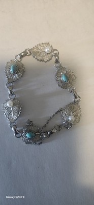 Vintage Wells Sterlingsilber Perle & Türkis Blatt Design Gliederarmband