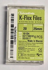 Kerr Sybron Endo Dental Size 20 25mm Stainless Steel K-FLEX file 6-file per box 