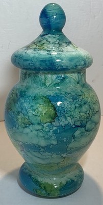 Italian ArtGlass Vidi Style Vase +Lid KellyAquaLime Watercolor Collectible 11''