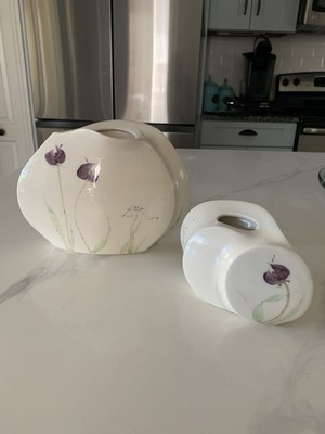 Vintage Pair Baatz Ceramic Vases Orchids Hand Painted Signed AA127