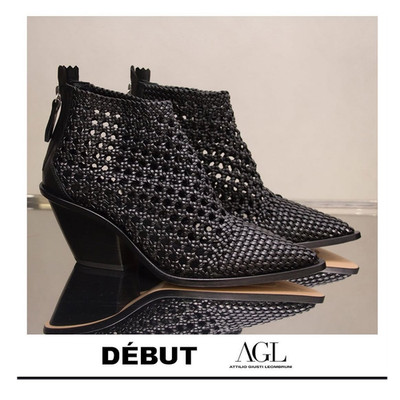 AGL Black Woven Leather Ankle Bootie Pointed Toe Zip Zipper Block Heel