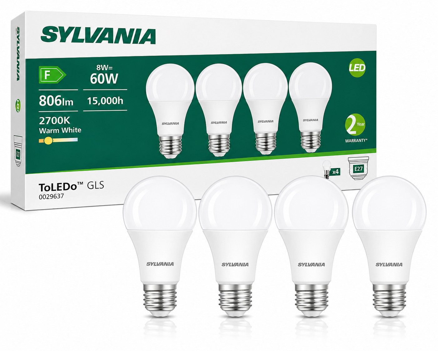 E27 LED Light Bulbs 8W 806lm 2700K Warm White Sylvania 4 Pack Damaged Box