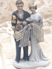 1940s 1950s Small 4" Vintage Bisque Bride Groom Figurine Cake Topper handpainted
