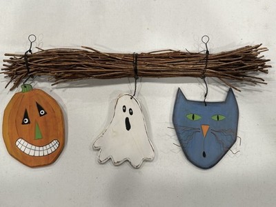 Festive Handmade Painted Wood Halloween Wall Hanging Of a Ghost, Cat And Pumpkin