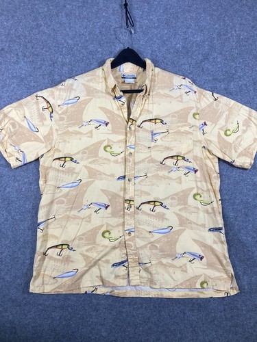 Columbia Sportswear Co. Button Up Shirt Mens XL Yellow Beige Fish Hook Print