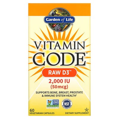 2 X Garden of Life, Vitamin Code, RAW D3, 50 mcg (2,000 IU), 60 Vegetarian Capsu