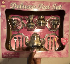 Deluxe Pretend Play Tea Set Toy Silver Color Service for 2