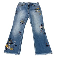 Johnny Was Embroidered Cropped Jeans Women  s Size 28 Floral Boho Stretch Denim