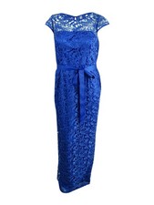 Adrianna Papell Women's Belted Illusion Long Lace Dress 2, Royal 