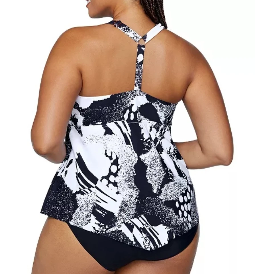 Raisins Aviva Diamond Head Plus Size Tankini Swim Top Racerback Black White  14W - Image 2 of 4