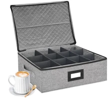 Coffee Mug Storage Box, Hard Shell, Stackable, Holds 12 Mugs, Dividers, Grey