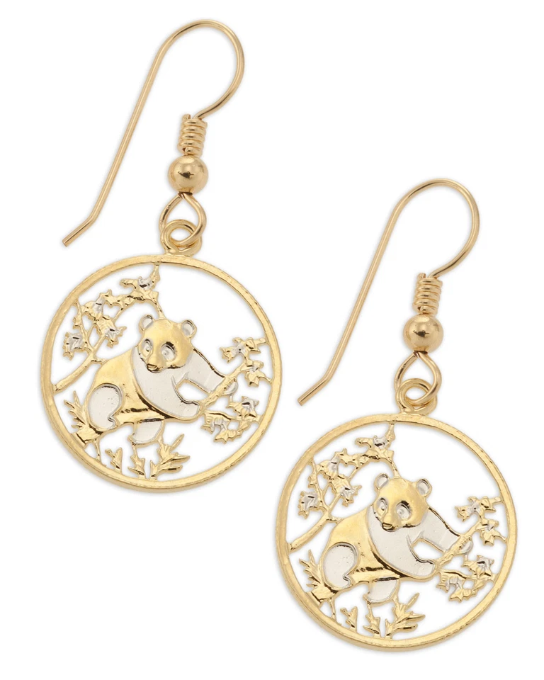 Pendientes Oso Panda. Moneda china cortada a mano - 5/8"" de diámetro. Cables G/F 14K (# 364E) Foto 3 de 4
