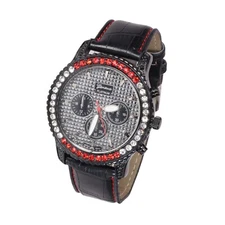 Men's Iced Luxury Bezel  Hip Hop Black Genuine Leather Band Watch