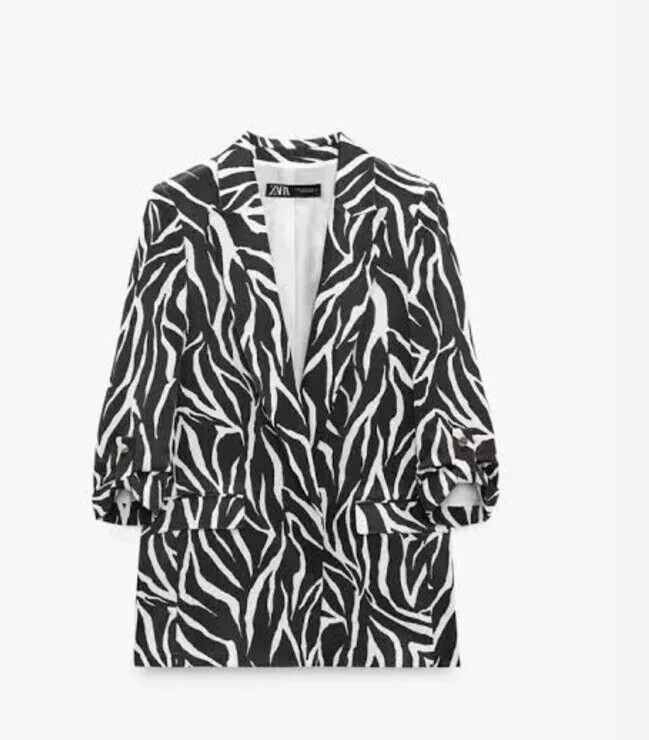 Zara Womens Blazer Jacket Size S Black Animal Print Single