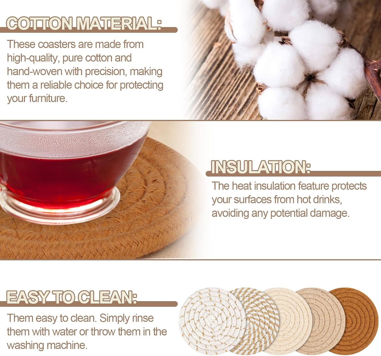 vivinin 10 Psc Cotton Coasters, Absorbent Boho Colour Mixture 