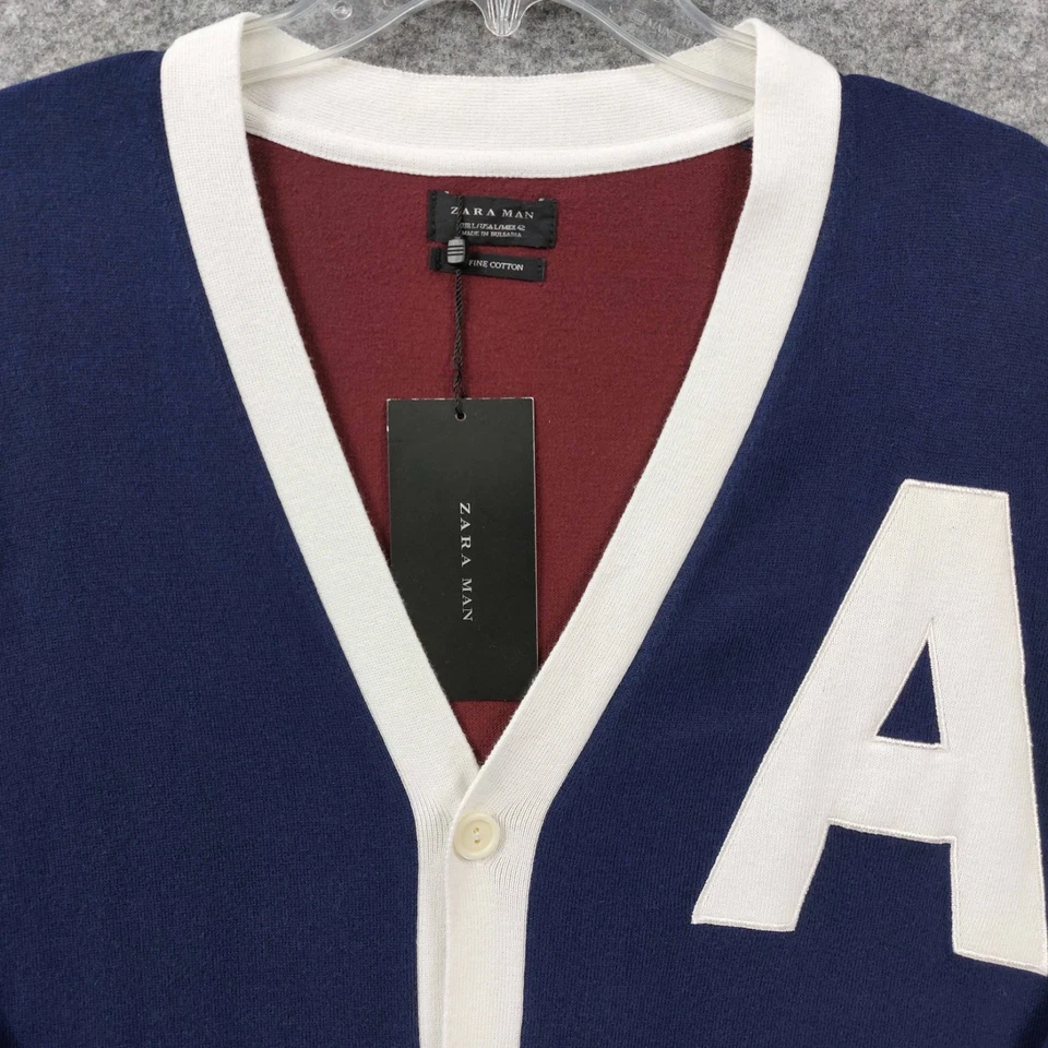 Cárdigan ZARA MAN Varsity Letter Grande Azul Marino Borgoña Colorblock Suéter Foto 3 de 4