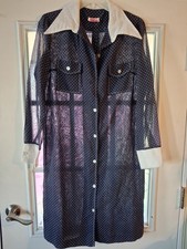 Vintage Dotted Swiss 70's Cotton Dress Poiny Collar, Front Pockets, Navy Blue L