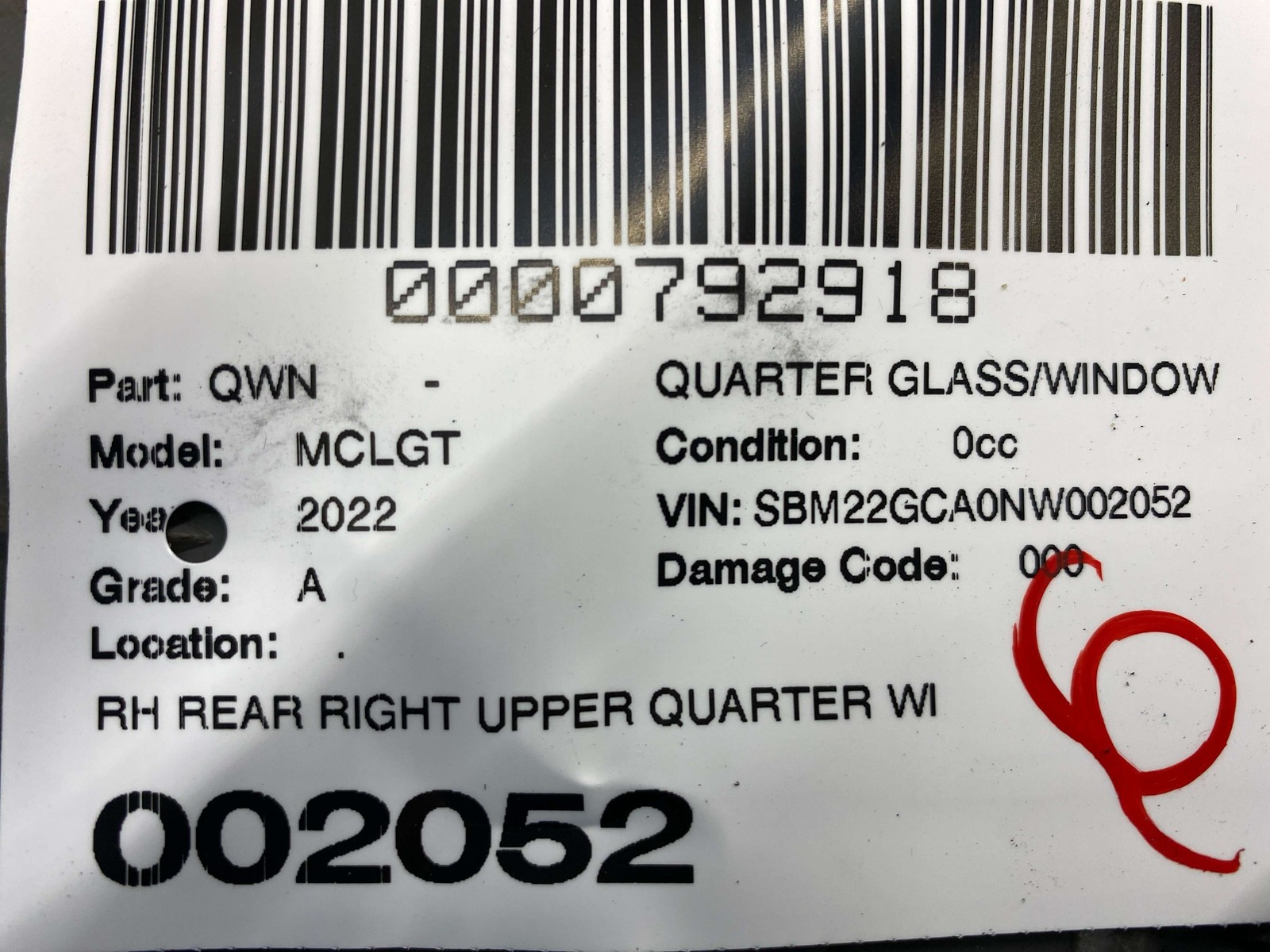 McLaren GT 2020-2023 Rear Right Upper Quarter glass P/N 22AD610GP