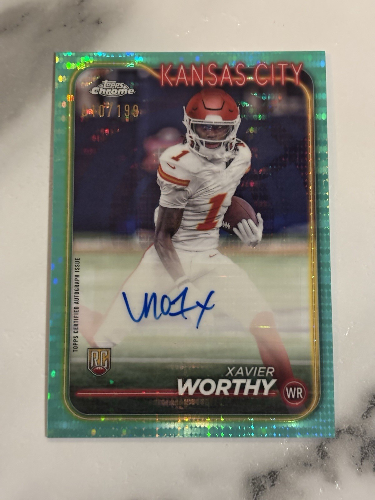 2024 Topps Chrome Xavier Worthy Aqua Geometric RC Refractor Auto /199, Chiefs