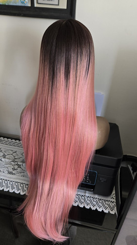 Ombre Pink Straight Long Hair Synthetic Lace Wig for Women Pink Straight wig - Picture 5 of 8