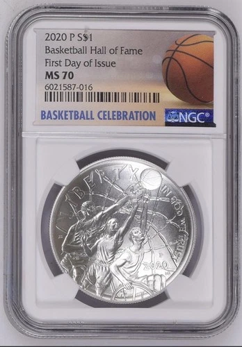 2020 P $1 NBA Basketball Hall of Fame Silver Coin NGC MS 70 First Day of Issue