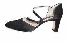 NINA comfort "brilliant" black satin top leather sole strap evening shoes 8 NIB