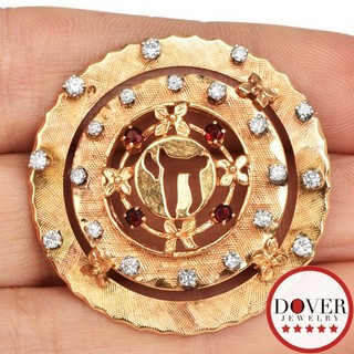 Estate Diamond Garnet 14K Yellow Gold Chai Round Pin 8.2 Grams NR