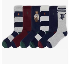 NWT mens POLO RALPH LAUREN mens 6 pack polo bear crew socks size 7-12