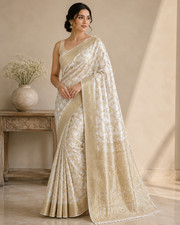 Elegant Ivory Dola Silk Banarasi Saree  Rich Gold Zari Pallu  Indian Wedding