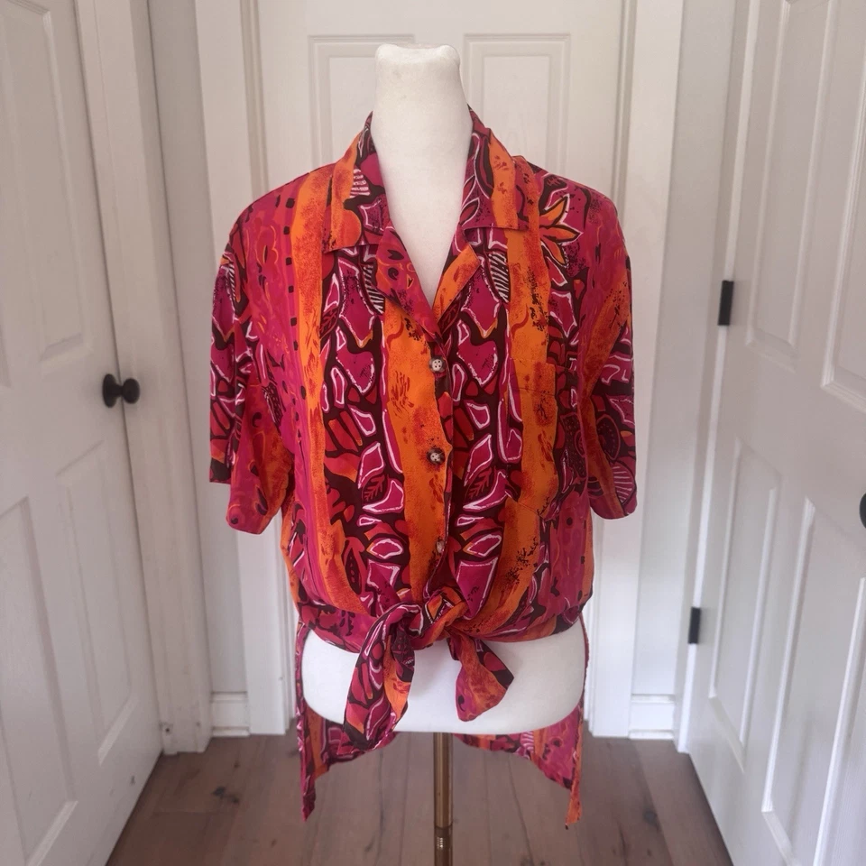 Blusa Camisa Campamento Estampado Floral Tropical Talla Grande 100% Seda Top Años 90 De Colección Foto 2 de 4
