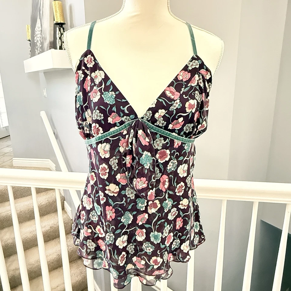 Винтажный моды жук Y2K фиолетовый цветочный Babydoll Майка Whimsigoth богемное 90-х Sz Lg - Изображение 2 из 4