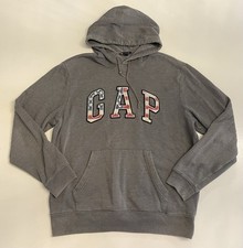 GAP Hoodie Mens Medium Gray Pullover Fleece Lined Spellout USA American Flag