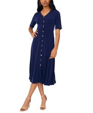 Msk Womens Short Sleeve Button Front Midi Dress Size S Navy