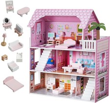 Wooden Doll House, 3-Story Kids Dollhouse Playhouse Mansion With Furniture Set